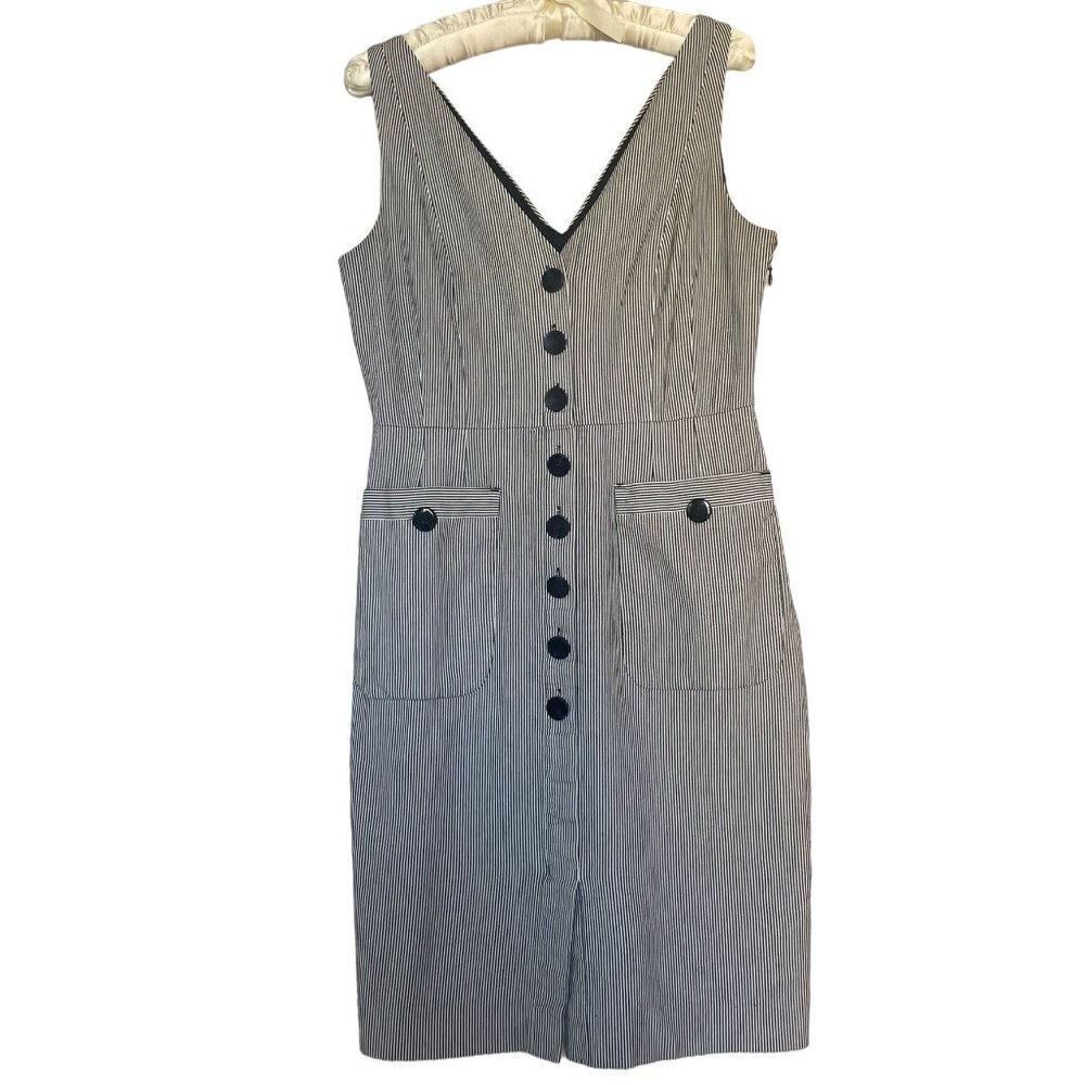 LK BENNETT Black & White Striped V-Neck Knee Length Dress Size 8